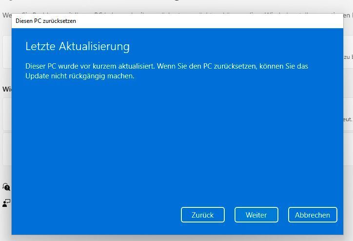 Warnung vor dem Zurücksetzen von Windows 11, dass keine Deinstallation mehr möglich ist, wenn der PC zurückgesetzt wurde. (Microsoft / Joos)