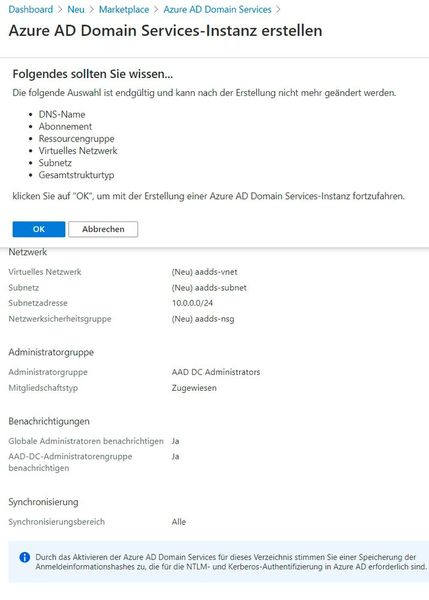 Zusammenfassung der Informationen einer Azure AD Domain Services-Instanz. (Bild: Microsoft / Joos)