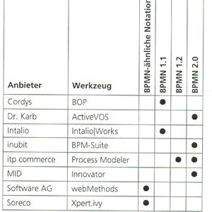 Die Werkzeuge BOP von Cordys und Intalio|Works von Intalio unterstützen die fachlichen Modellierungsmöglichkeiten von BPMN mit der technischen Realisierung der ausführbaren Prozesse am besten. ActiveVOS von Dr. Karb orientiert stark an BPEL, sodass viele BPMN-Elemente nicht für die fachliche Modellierung eingesetzt werden können. webMethods  der Software AG und Xpert.ivy von Soreco wiederum Unterstützung für die fachliche Modellierung, setzen aber auf Notationen, die deutliche Abweichungen zum Standard aufweisen (Quelle: Fraunhofer-Institut IAO).