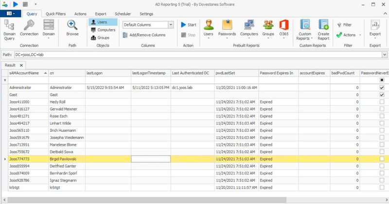Die erfolgreichen Abfragen in Dovestones Software AD Reporting lassen sich filtern und danach auch exportieren. (Bild: Joos / Infoopia Inc / Dovestones Software)