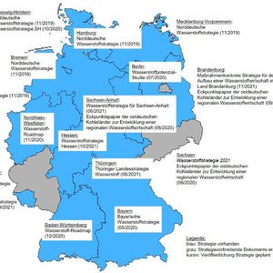 Überblick der Wasserstoffstrategien in Deutschland.(Bild:  ISI Fraunhofer/ Karte erstellt mit ArcMap 10.4, Geodaten: © GeoBasis-DE / BKG (2020))