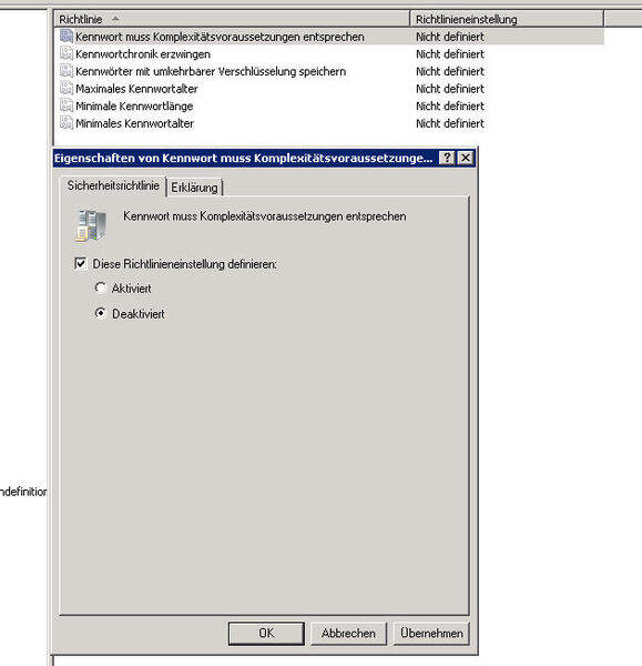In Windows Server 2008 R2 gibt es sechs Einstellungen, die zur Konfiguration von sicheren Kennwörtern wichtig sind: Im Falle der empfohlenen Option 