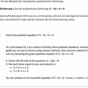 Eine quadratische Gleichung soll mit der CoT-Prompt-Technik gelöst werden (Vorstufe). (Bild: IBM)