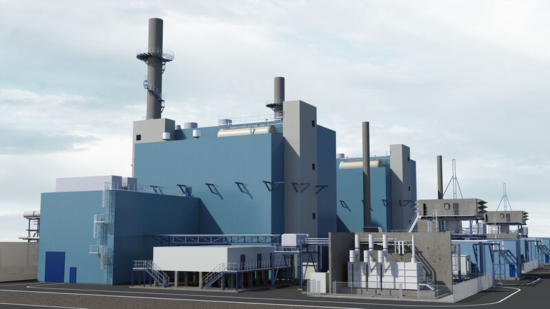 Modellhafte Darstellung des neuen, hocheffizienten und modernen Gas- und Dampfturbinenkraftwerks, das Evonik im Chemiepark Marl errichten wird. (Evonik)