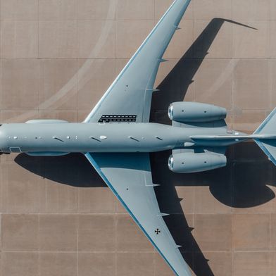 A modified Bombardier Global 6000 for Germany’s PEGASUS program at Bombardier Defense in Wichita, Kansas. The aircraft is one of three platforms being prepared for the Bundeswehr’s future airborne signals-intelligence capability. (Source: Bombardier Defense)
