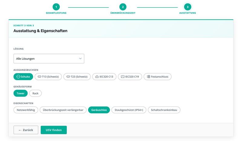 Im dritten Schritt werden die gewünschte Ausstattung, etwa die Art der Ausgangsbuchsen, sowie Eigensschaften wie die Netzwerkfähigkeit oder eine erweiterbare Überbrückungszeit festgelegt. (Bild: Online USV-Systeme)