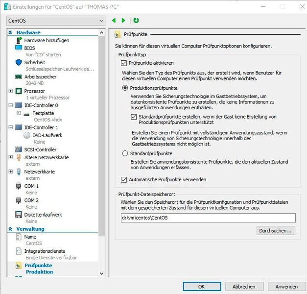 Produktionsprüfpunkte sind in Hyper-V jetzt auch problemlos mit Linux-Computern möglich. Dadurch haben virtuelle Linux-Computer nahezu die gleichen Funktionen, wie virtuelle Windows-Computer. (Joos / Microsoft)