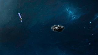 Die Computersimulation zeigt die Sonde Hera im Anflug auf den Asteroiden Didymoon. Die europäische Raumfahrtbehörde Esa hat in ihrem Kontrollzentrum in Darmstadt den Startschuss für ihre erste Mission zur Asteroiden-Abwehr gegeben. (Bild: Mark Fittock OHB/OHB SE)