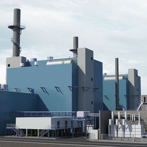 Modellhafte Darstellung des neuen, hocheffizienten und modernen Gas- und Dampfturbinenkraftwerks, das Evonik im Chemiepark Marl errichten wird.