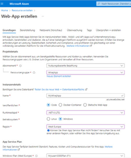 Abb. 5. Der Webserver ist mit wenigen Schritten vollständig als Web-App in Azure konfiguriert.