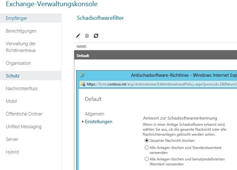 In der neuen Exchange-Verwaltungskonsole lässt sich der Schutz verwalten. Dazu stehen Richtlinien zur Verfügung, über das Verhalten des Virenschutzes konfiguriert wird. Die Optionen sind bewusst einfach gehalten. (Bild: Archiv)