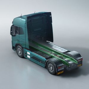 Grün gefärbt sind bei diesem virtuellen Bild vom klimaneutralen Volvo-Elektro-Lkw die Teile, die zum Chassis-Rahmen gehören. Diese sind die ersten, die aus fossilfreiem Stahl, der von SSAB stammt, gebaut werden. Weitere Komponenten würden folgen.(Bild:  Volvo Trucks)