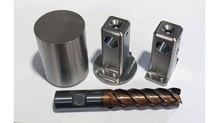 Drei Bearbeitungsstadien des aus Stangenmaterial gefertigten Bauteils und der dafür verwendete Fräser Split Line von Ingersoll. (Bild: Ingersoll)