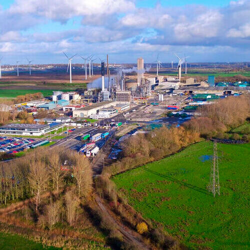 Aerial view of CF Fertilisers UK's Ince manufacturing facility near Chester, UK. 