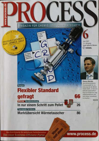 Juni 2007   Top Themen:  - Flexibler Standard gefragt - In nur einem Schritt zum Pellet - Marktübersicht Wärmetauscher (Bild: PROCESS)