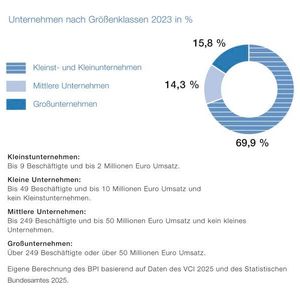 Abbildung 1: Unternehmen nach Größenklassen 2023 in Prozent. Knapp 70 Prozent der Pharmaunternehmen in Deutschland sind Kleinst- und Kleinunternehmen bis 9 Beschäftigte und bis 2 Millionen Euro Umsatz.(Bild:  BPI)