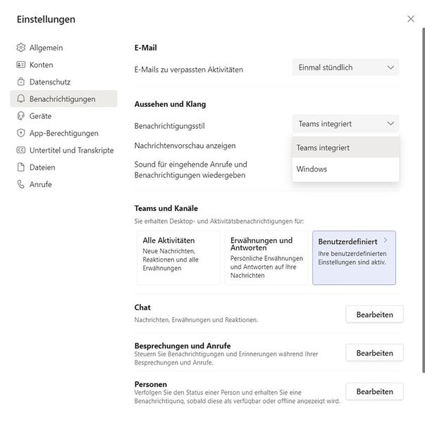 Benachrichtigungen im Desktop-Client von Microsoft Teams steuern.  (Bild: Joos)