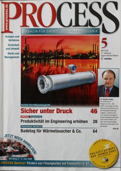 Mai 2008   Top Themen:  - Sicher unter Druck - Produktivität im Engineering erhöhen - Badetag für Wärmetauscher & Co. (Bild: PROCESS)