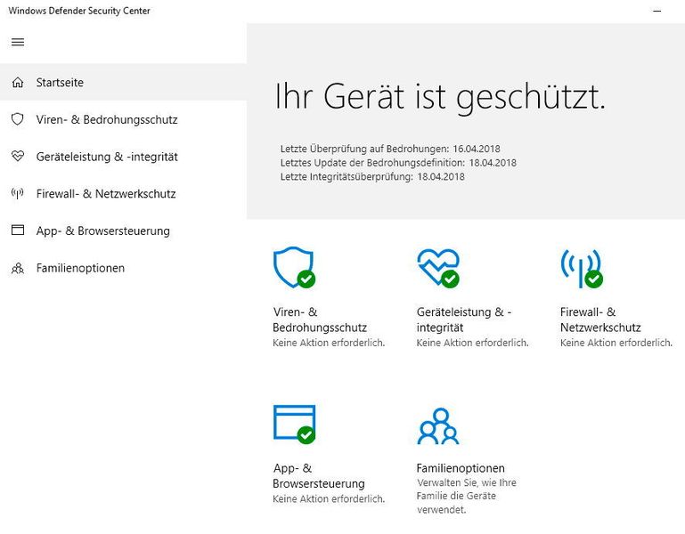 Im Windows Defender Security Center kann die Windows-Sicherheit umfassend konfiguriert werden. Hier sind auch die Einstellungen der Windows Defender Firewall zu erkennen.
 (Th. Joos)