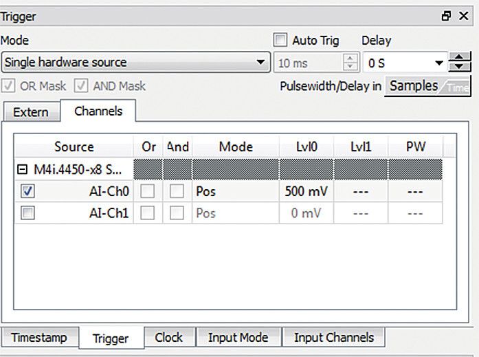 Bild 3: Über das Fenster lässt sich der Trigger in SBench 6 einrichten. Zudem gibt es Zugriff auf sämtliche Hardware-Triggerfunktionen. (Spectrum)