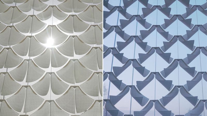 Mit Hilfe des bioinspirierten 4D-Drucks und biobasierten Zellulosematerialien hat das Forschungsteam ein adaptives Verschattungssystem entwickelt, das auf tägliche und saisonale Wetterveränderungen reagiert. (Bild: Universität Stuttgart)