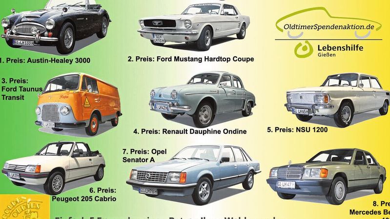 Unter dem Motto „Kult der 60er und 70er, Flottes für Frischluftfans oder luxuriöse Limousinen zu gewinnen!“ läuft aktuell die 29. Oldtimerspendenaktion der Lebenshilfe Gießen. 
