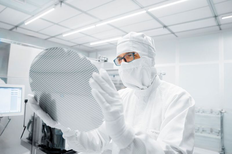 Inspection of a 300-mm wafer in Dresden. (Image:Infineon Technologies)