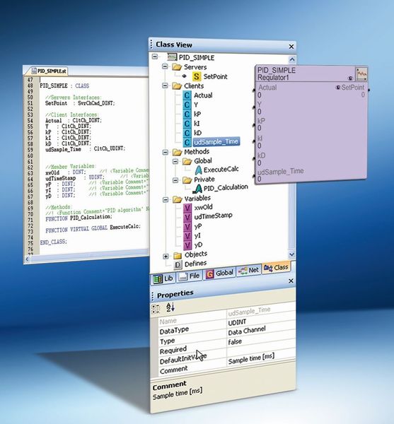 Über den Klassentree von Lasal CLASS wird die Klasse mit ihren Eigenschaften, Methoden und Schnittstellen definiert, die dazu notwendige Deklaration und grafische Darstellung erledigt das komfortable Engineering Tool aus dem Hause Sigmatek automatisch. (Sigmatek)