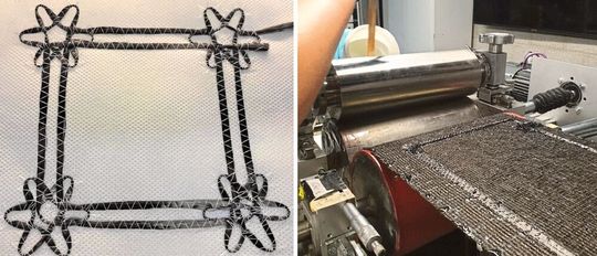 Bild 2: Links sieht man das TFP-Preform mit Lochverstärkungen. Rechts findet die kontinuierliche Beschichtung von TFP-Preforms auf einem Carbonfaservlies statt.(Bild:  ITA)