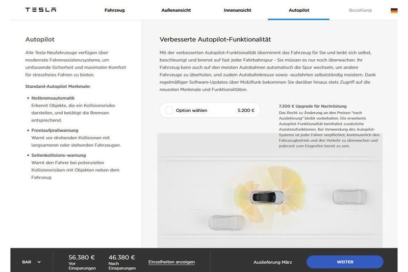 Wer den Autopilot will, muss kräftig draufzahlen. (Screenshot www.tesla.com)