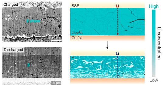 Microscope images and schematic illustrations of a lithium-aluminum alloy electrode with enhanced lithium diffusion pathways. (Source:  Yuju Jeon)