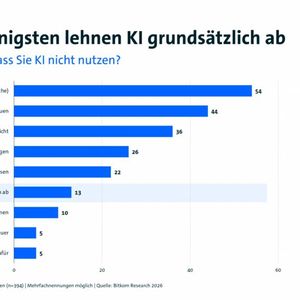 Etwa 13% der Befragten, die KI nicht nutzen möchten, lehnen KI grundsätzlich ab.(Bild:  Bitkom)