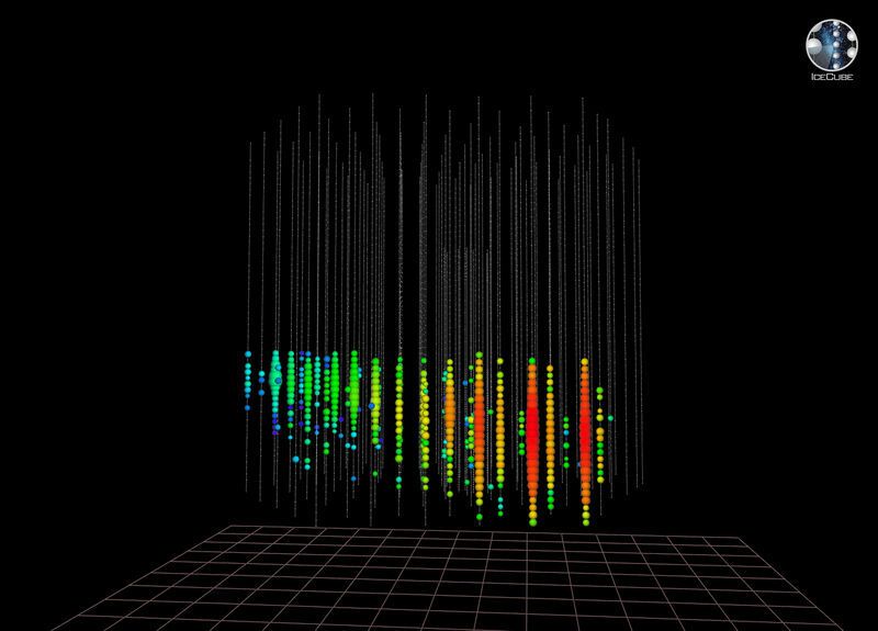 Die Signale des Blazar-Neutrinos vom 22. September 2017, wie sie im IceCube-Detektor aufgezeichnet wurden. Die Farbe markiert die Zeit (von Rot über Grün nach Blau), die Größe die Helligkeit des Signals in den individuellen Sensoren (Photomultipliern).  (The IceCube Collaboration)