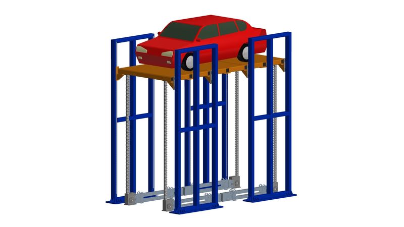 Parkstation mit vier Linearchain-Modulen: Die Schubketten drücken von unten gegen die Plattform. (Bild:  Grob)