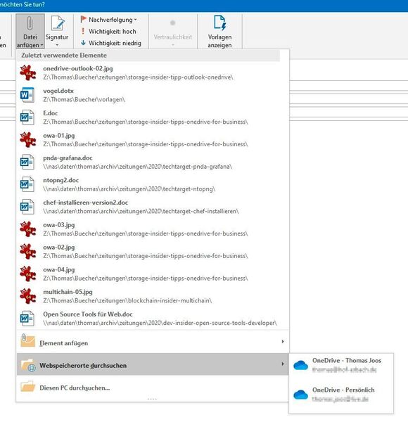 In Outlook 2019 Dateianhänge von OneDrive integrieren. (Microsoft/Joos (Screenshot))