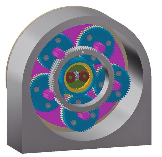 Bild 1: Mit ineinandergebauten Planetengetrieben lassen sich größere Untersetzungen kompakter und leistungsstärker bauen. (Bild: Maul Konstruktionen)