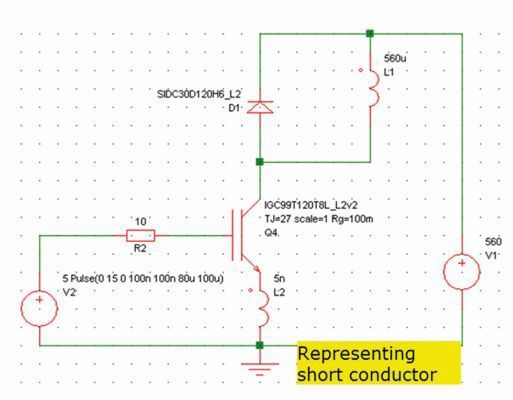 Bild 11: Schaltung nach Bild 1 mit Streuinduktivität am Emitter des IGBT, diese Streuinduktivität ist auch Teil des Steuerkreises, L2=5nH. (Bild: Infineon)