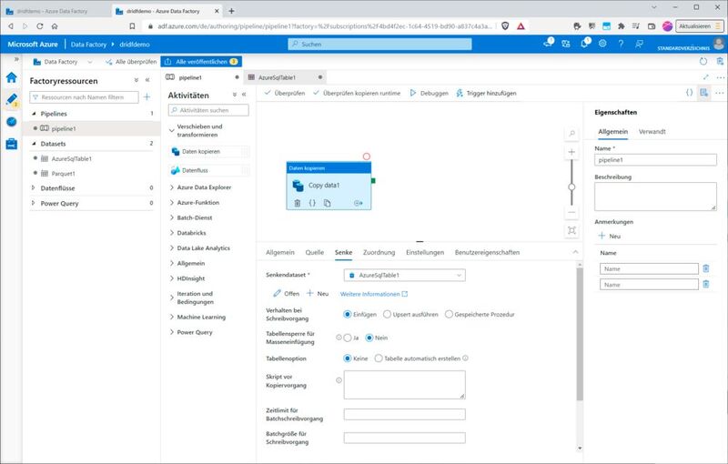 Hierfür wechseln wir oben zum „Pipeline“-Reiter zurück und müssen im Reiter „Senke“ noch die Option „Tabelle automatisch erstellen“ setzen. Danach genügt ein Klick oben rechts auf „Debuggen“, um die Pipeline auszuführen. (Bild: Drilling / Microsoft)