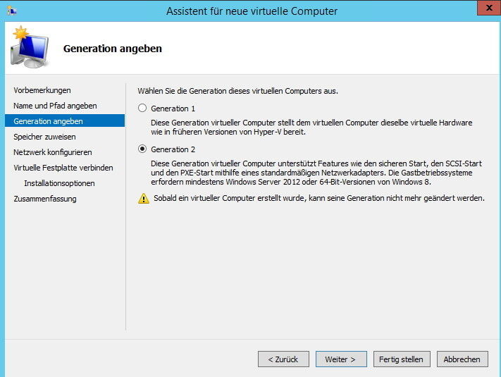 Abbildung 8: Virtuelle Server unterstützen in Windows Server 2012 R2 das UEFI-System und auch Secure Boot in UEFI. Dazu muss der Administrator beim Erstellen einer virtuellen Maschine im neuen Fenster aber Generation 2 als VM-Typ auswählen. Nach der Erstellung ist eine Änderung nicht mehr möglich. (Bild: Joos)