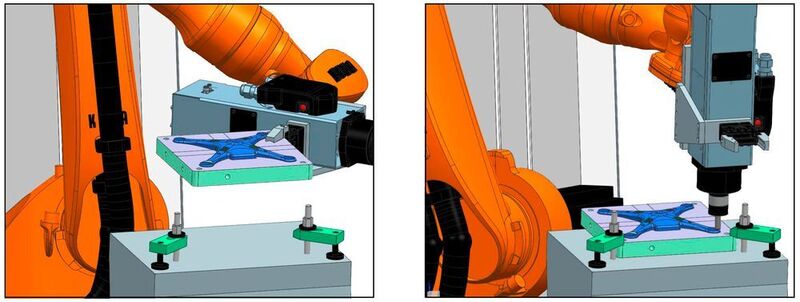 Automatisierung der Teilefertigung mit X CAM Robotics: Ein Roboter führt eine Pick-and-Place-Operation durch (links). Der gleiche Roboter führt die Bearbeitung durch (rechts). (Siemens)