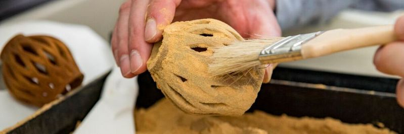 Hier wird ein additiv gefertigtes Bauteil aus Aprikosenkernmehl hergestellt.