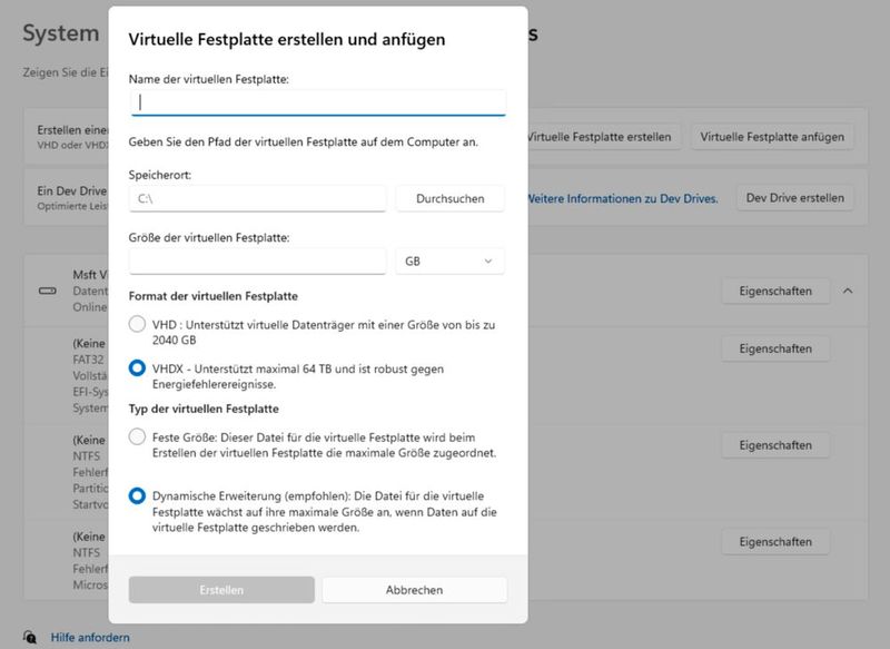 Anlegen einer neuen, virtuellen Festplatte für ein Dev Drive in Windows 11. (Bild: Joos - Microsoft)