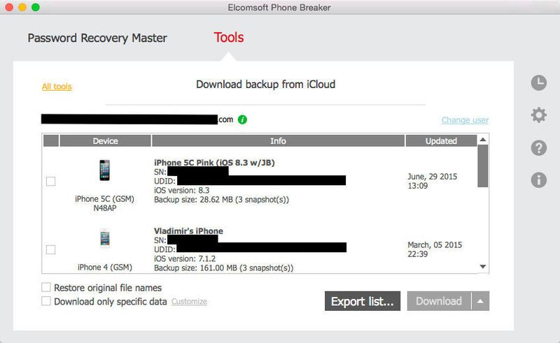 Einmal eingeloggt, lassen sich mit dem Elcomsoft Phone Breaker alle dem Account zugeordneten Online-Backups einsehen. Bereits an dieser Stelle werden Seriennummer und UDID der betreffenden Geräte angezeigt. Bevor der Download startet, lässt sich filtern, welche Daten wirklich interessieren. Möchte an das gesamte Backup ungefiltert herunterladen empfiehlt es sich, die ursprünglichen Dateinamen wiederherzustellen, um wirklich an die Rohdaten des Backups zu gelangen. (Bild: Archiv)