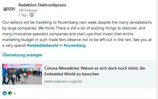 Die Redaktion der ELEKTRONIKPRAXIS plant bis dato, nächste Woche mit mehreren Redakteuren vor Ort zu sein. (Bild: LinkedIn)