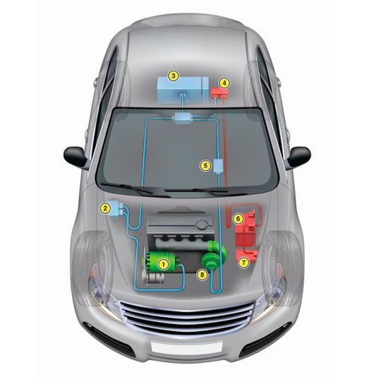 Ein 48-Volt-System und seine Komponenten: 1) Elektromotor/Generator, 2) AC/DC-Inverter, 3) 48-Volt-Batterie, 4) DC/DC-Converter, 5) 48-Volt-Stromverteilungseinheit, 6) 12-Volt-Batterie, 7) 12-Volt-Stromverteilungseinheit, 8) E-Lader. (Bild:  Autodata)