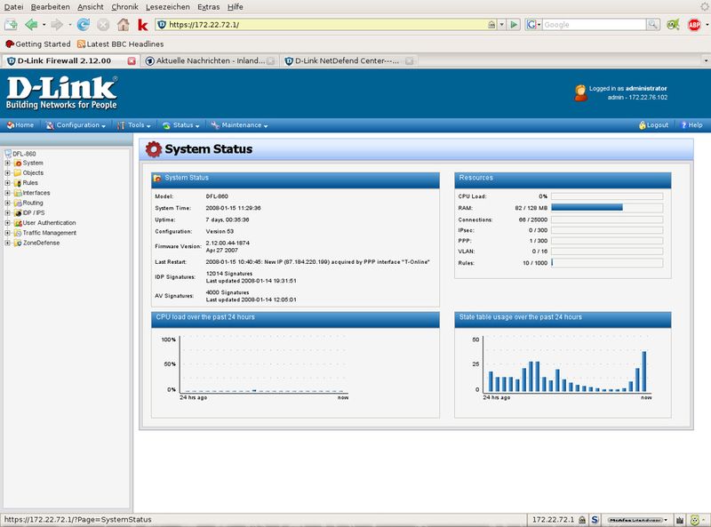 Eine Statusseite liefert den Administratoren einen Überblick über die vorhandene Systemlast und die verwendeten Firmware- beziehungsweise Signaturversionen (Archiv: Vogel Business Media)