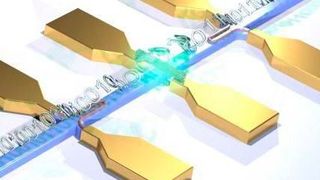 Kohlenstoff-Röhrchen (Mitte) als Photonen-Quelle und supraleitende Nanodrähte als
Empfänger bilden einen Teil des optischen Chips. (W. Pernice/ WWU)