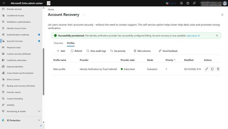 Unter „Account Recovery“ verknüpft ein Profil Entra ID mit einem Anbieter für die Identitätsprüfung, der verlorene Zugänge nach einer Ausweisprüfung wiederherstellt. (Bild: Thomas Joos)