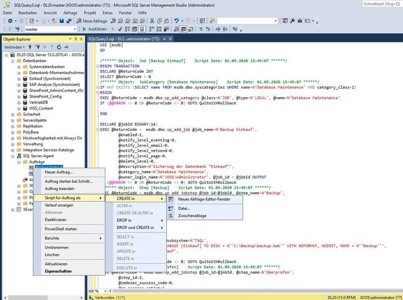 Anzeigen des Skriptes zur Sicherung einer Datenbank mit dem SQL-Server-Agent. (Joos/Microsoft (Screenshot))