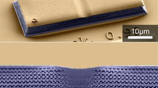 Elektronenmikroskopische Aufnahme einer Tarnkappenstruktur. Das Polymer-Luft- Metamaterial ist blau eingefärbt, die mit Gold beschichteten Bereiche sind gelb.  (Bild: CFN)